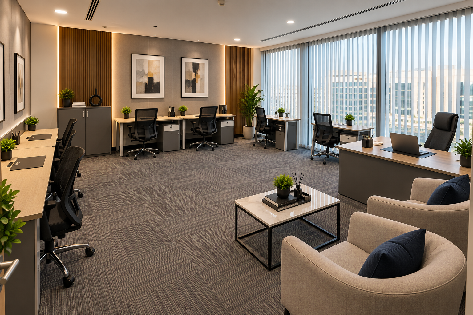 Furnished team office setup at ABN Group Al Gurg Building Al Karama
